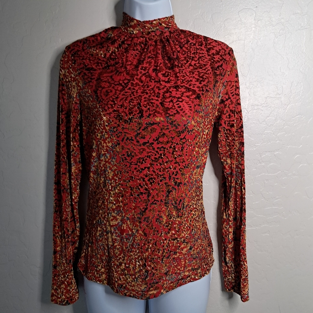 VTG Velvet Floral Paisley Longsleeve Turtleneck Blouse Women's Small Made In USA
